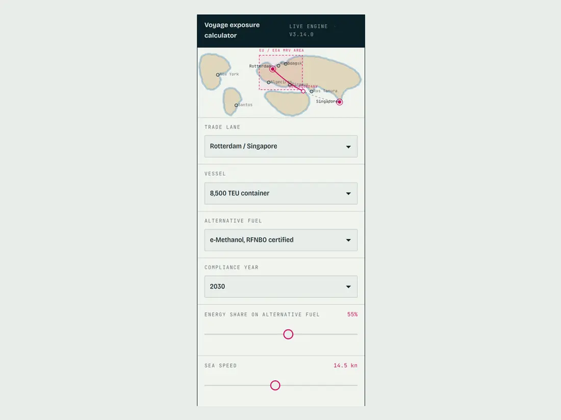 Meridian Wake, voyage emissions and cost calculator, screen 5