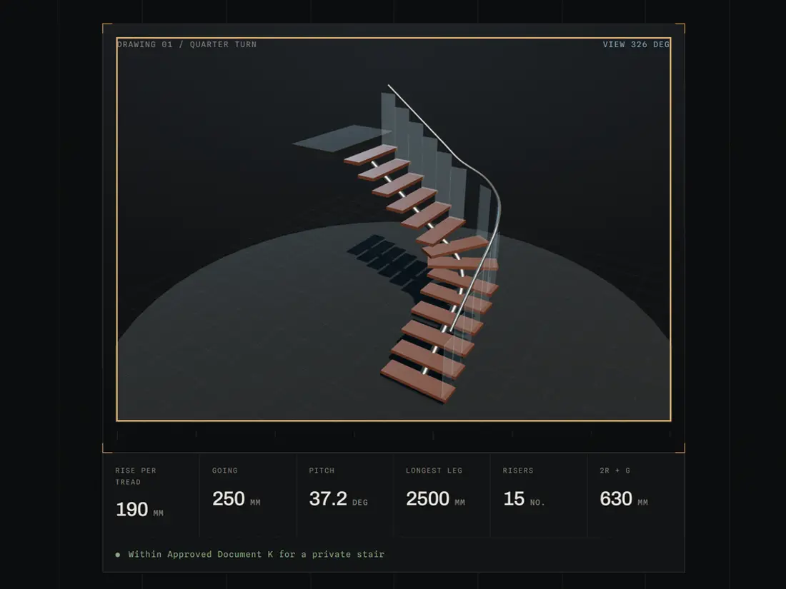 Volute Stairmakers, 3d stair configurator with live regulation checking, screen 1