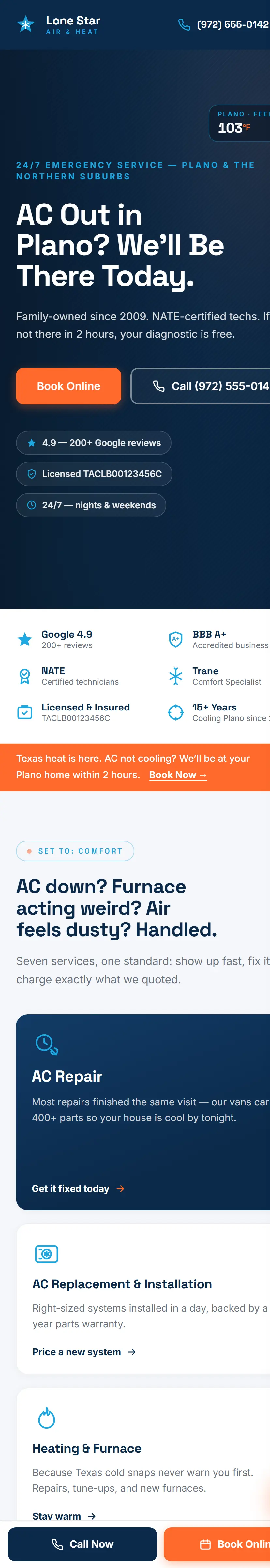 The Lone Star Air and Heat homepage on a phone: emergency AC service in Plano with online booking, reviews, and instant pricing